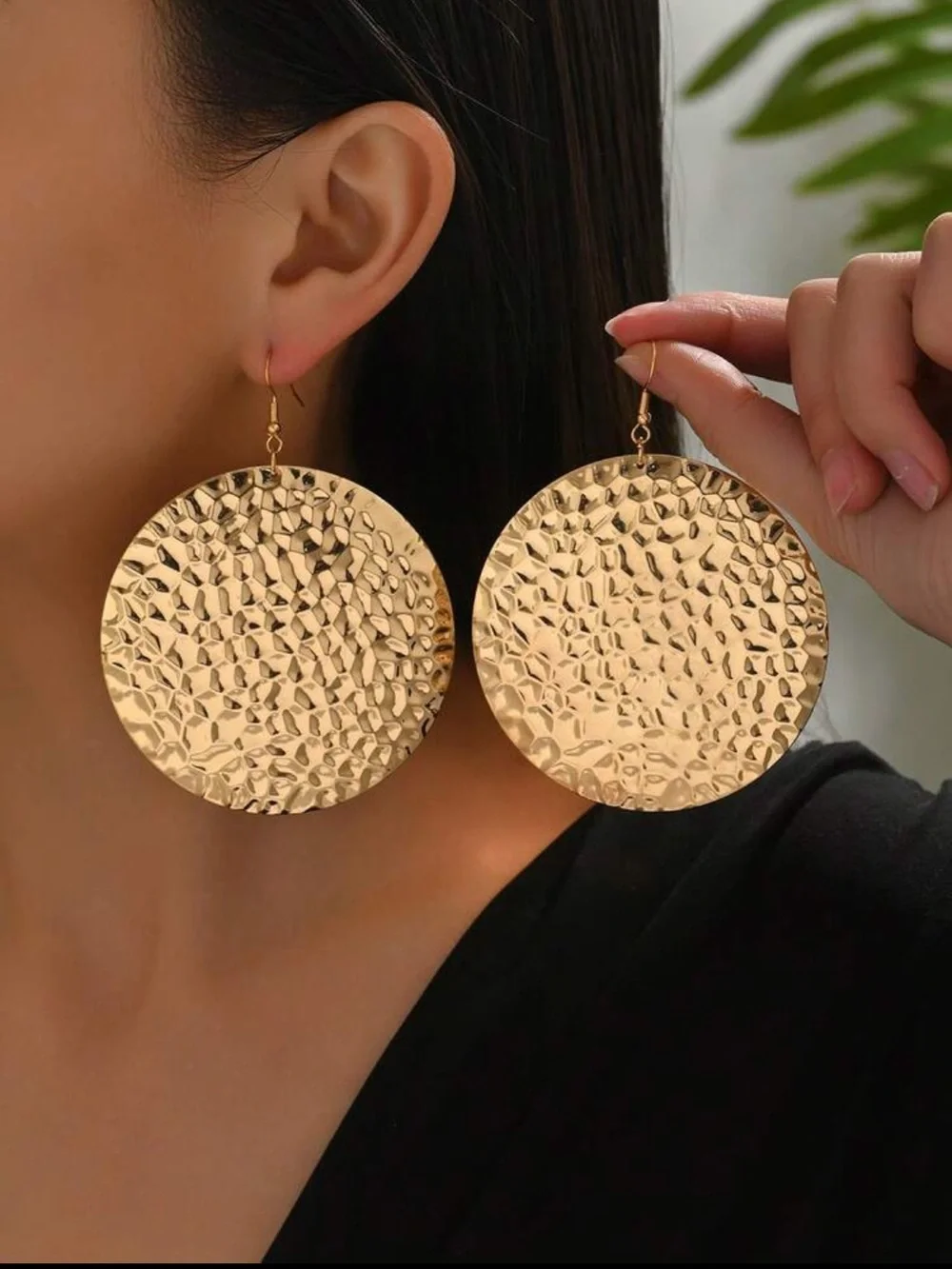 Gold Hammered Disc Drop Earrings - Women Jewelry